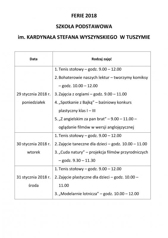 Oferta na Ferie Zimowe 2018