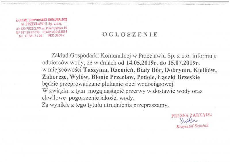 Ogłoszenie ZGK Przecław