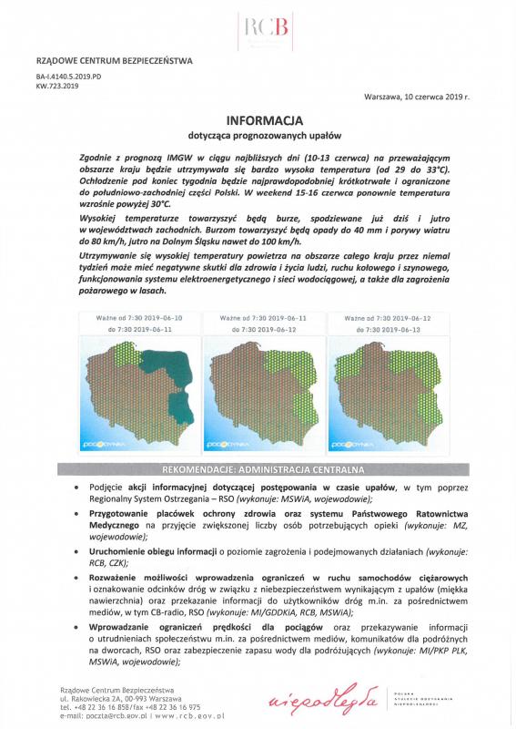 Informacja dot. prognozowanych upałów