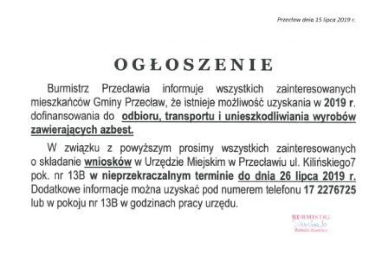 Nabór wniosków o dofinansowanie na usuwanie azbestu na rok 2019