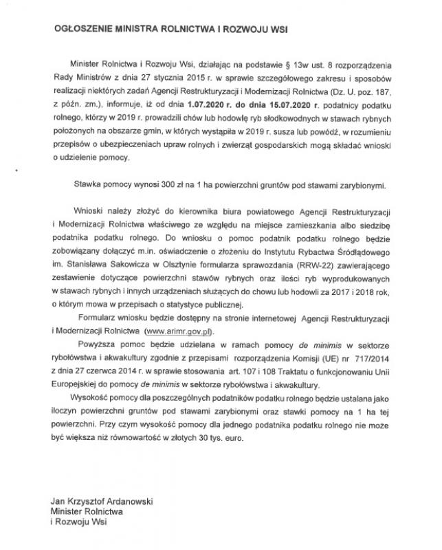 Ogłoszenie Ministra Rolnictwa i Rozwoju Wsi