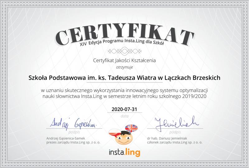 Certyfikat uznania dla Szkoły Podstawowej w Łączkach Brzeskich