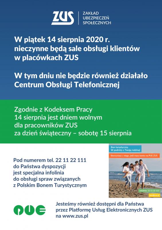 14 sierpnia placówki ZUS będą nieczynne