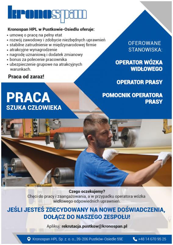 Firma Kronospan HPL w Pustkowie- Osiedlu oferuje prace od zaraz