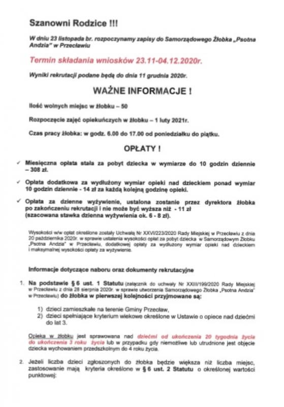 Rozpoczęcie zapisów do Samorządowego Żłobka Psotna Andzia w Przecławiu