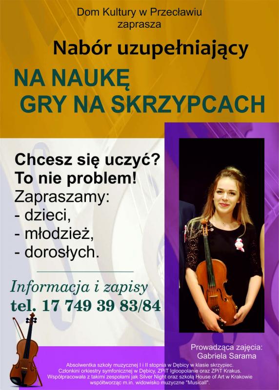 Plakat dotyczący naboru na naukę gry na skrzypcach.