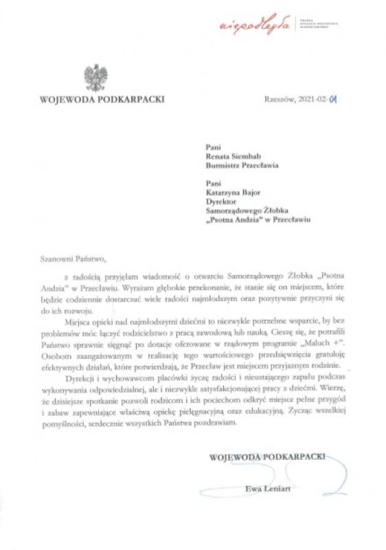 Skan listu pani Ewy Leniart, Wojewody Podkarpackiego.