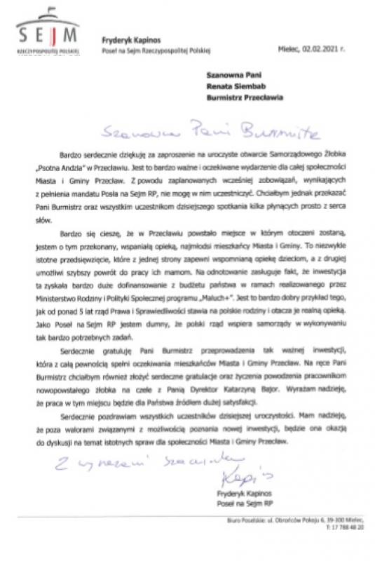 Skan listu pana Fryderyka Kapinos, Posła RP.