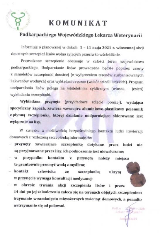Komunikat Podkarpackiego Województwa Lekarza Weterynarii dotyczący szczepienia lisów