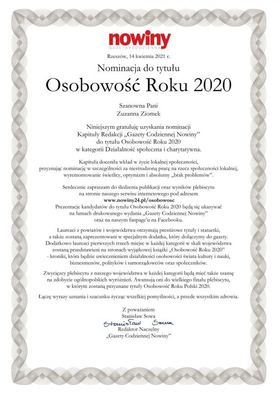 Nominacja pani Zuzanny Ziomek do tytułu Osobowość Roku 2020 w kategorii Działalność społeczna i charytatywna
