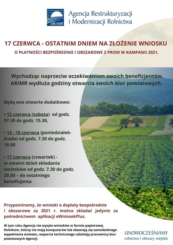 17 czerwca br. będzie ostatnim dniem na złożenie wniosku o płatności bezpośrednie i obszarowe