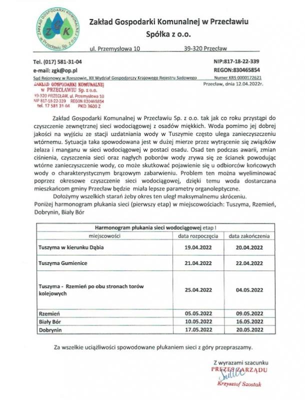Czyszczenie sieci wodociągowej - informacja ZGK