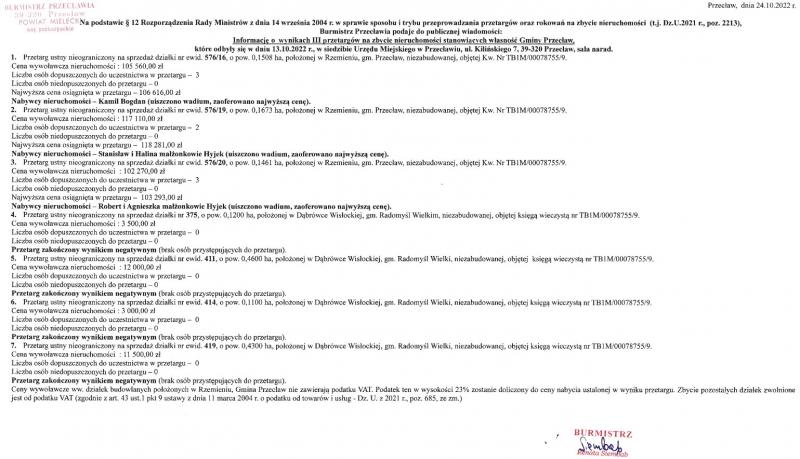 Informacja o wynikach przetargów na zbycie nieruchomości stanowiących własność Gminy Przecław