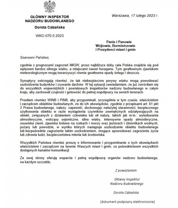 Ostrzeżenia Głównego Inspektora Nadzoru Budowlanego - silny wiatr!