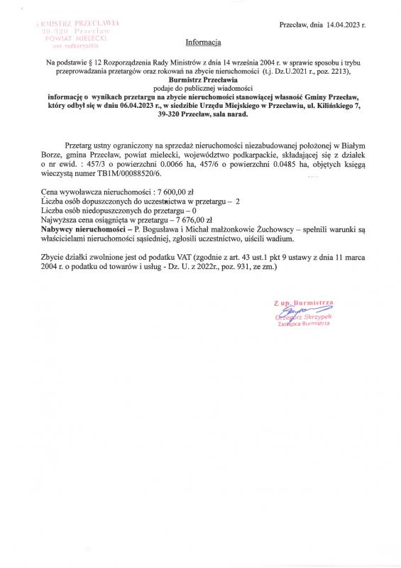 Informacja o wyniku przetargu ustnego ograniczonego na sprzedaż nieruchomości położonej w Białym Borze