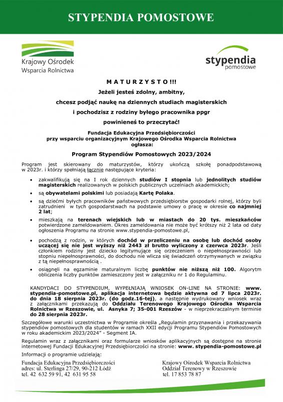Program Stypendiów Pomostowych 2023/2024 - KOWR
