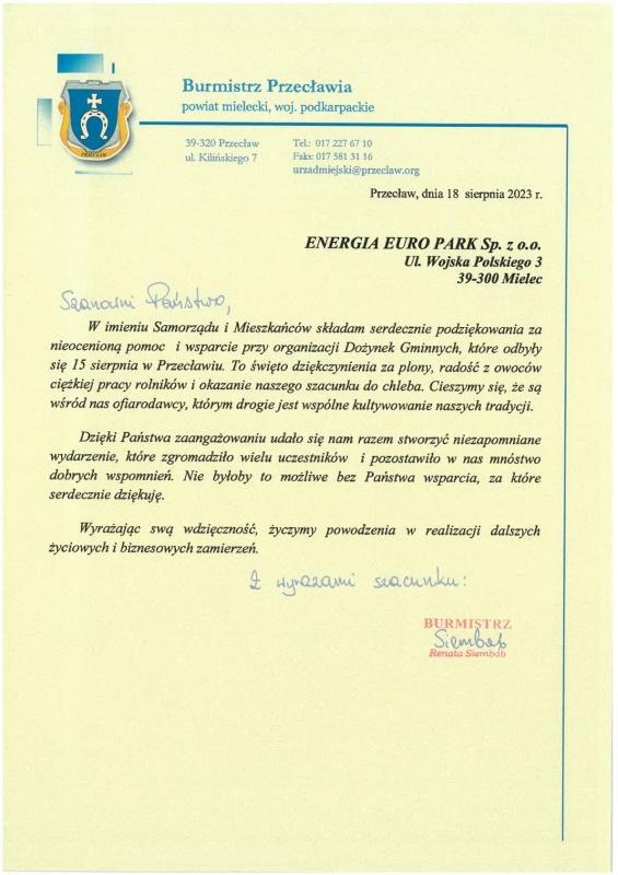 Podziękowania dla zaangażowanych w przygotowanie Dożynek Gminnych