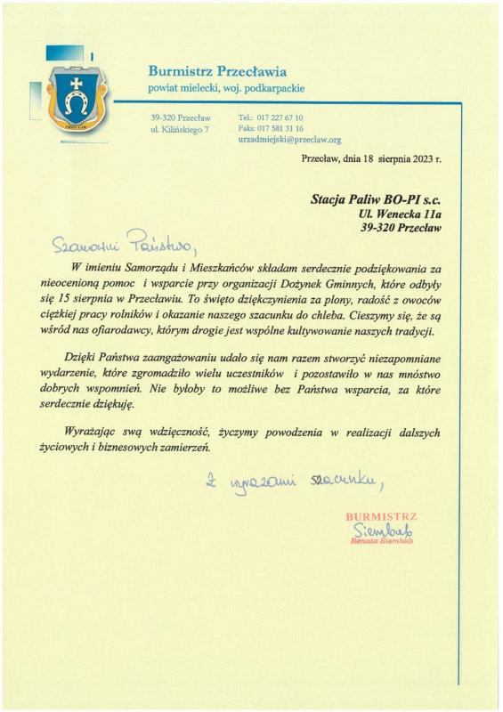 Podziękowania dla zaangażowanych w przygotowanie Dożynek Gminnych