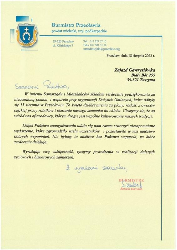 Podziękowania dla zaangażowanych w przygotowanie Dożynek Gminnych
