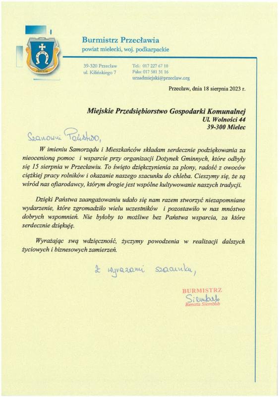 Podziękowania dla zaangażowanych w przygotowanie Dożynek Gminnych