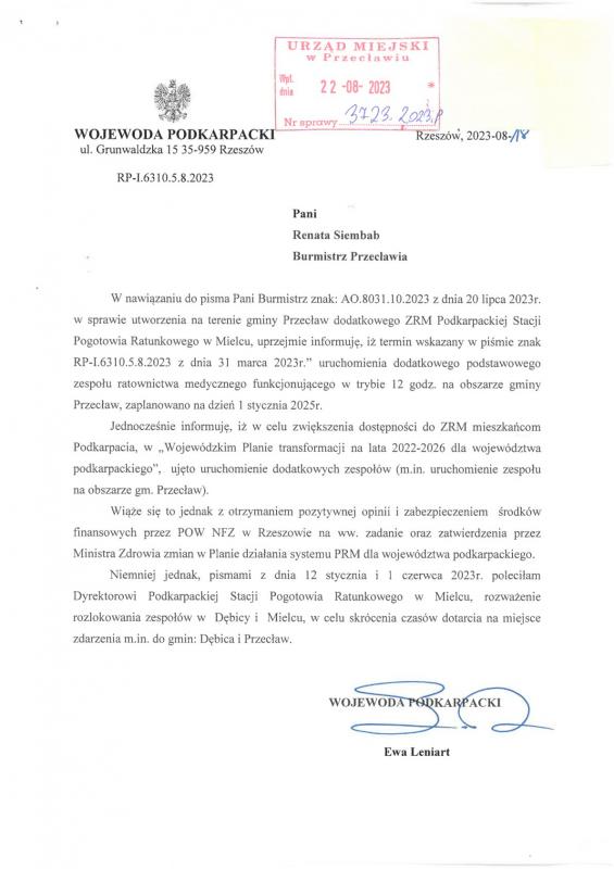 Utworzenie na terenie gminy Przecław dodatkowego ZRM Podkarpackiej Stacji Pogotowia Ratunkowego w Mielcu