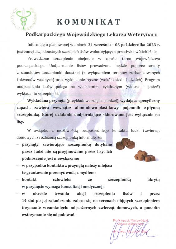 Komunikat w sprawie przeprowadzania ochronnych szczepień lisów wolno żyjących przeciwko wściekliźnie