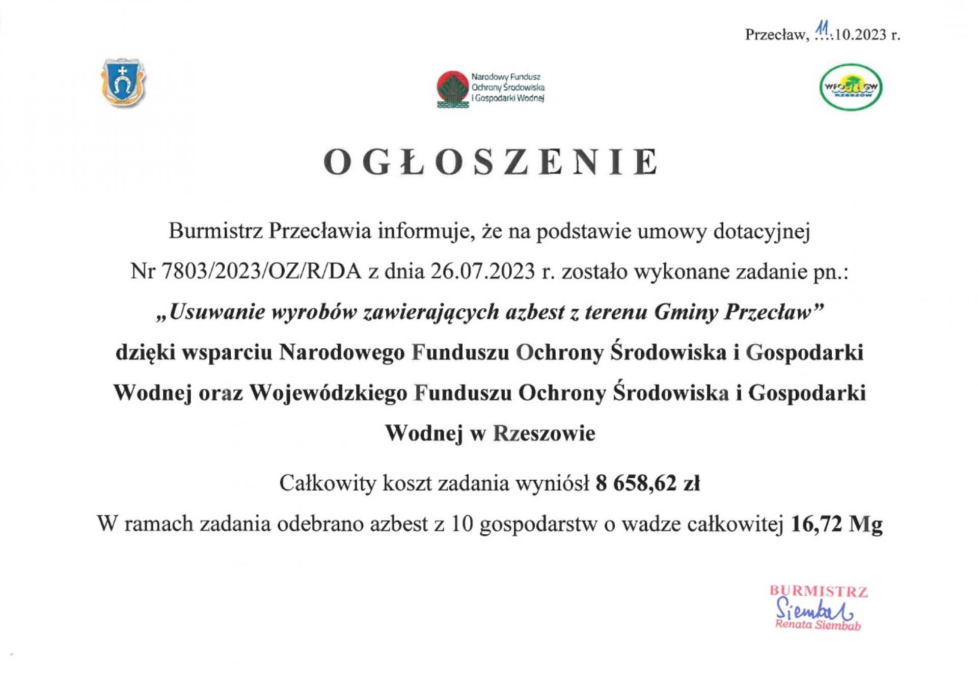 Ogłoszenie dot. usuwania azbestu