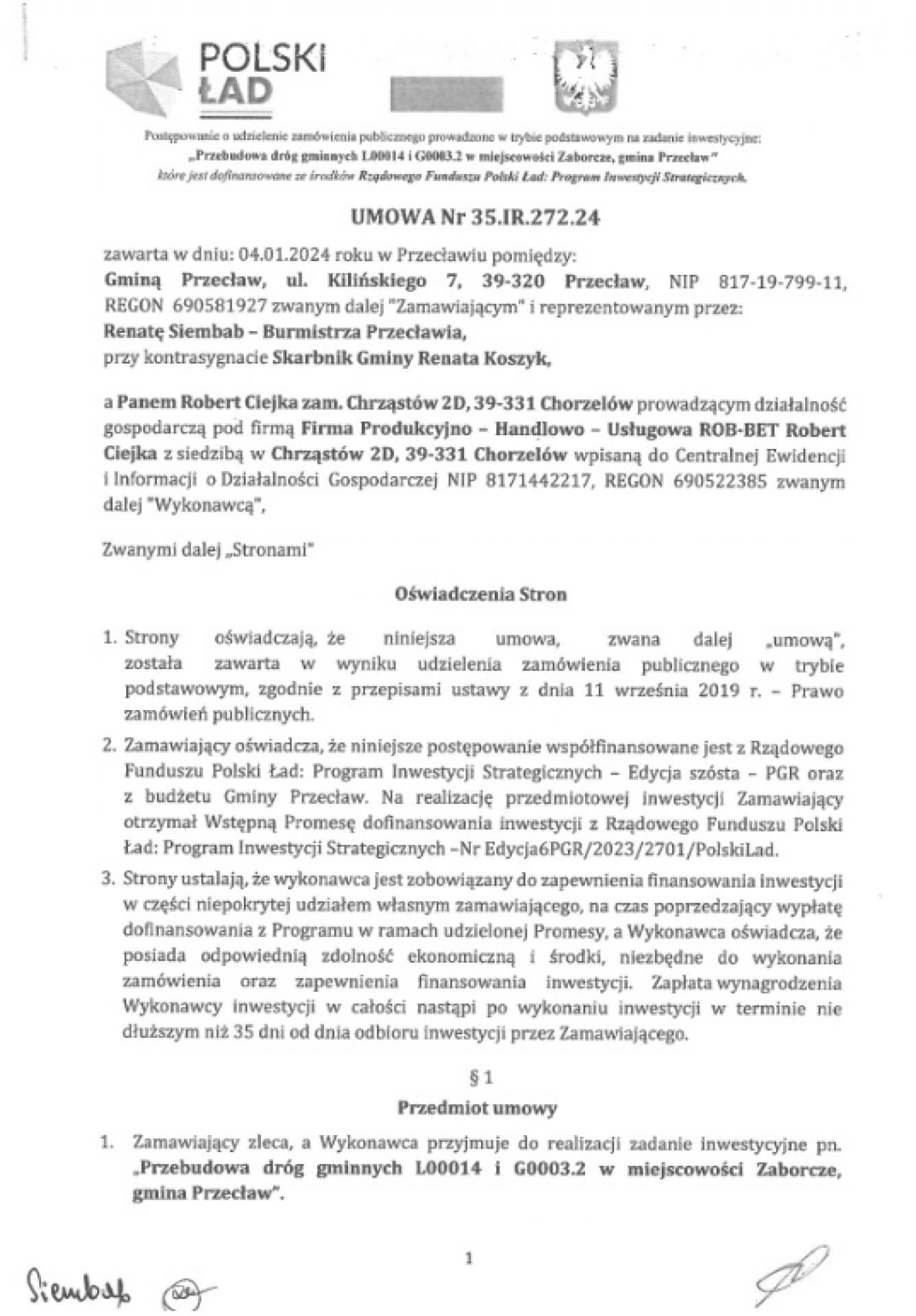 Pierwsza umowa inwestycyjna w gminie podpisana! Dobra informacja dla Mieszkańców Zaborcza!