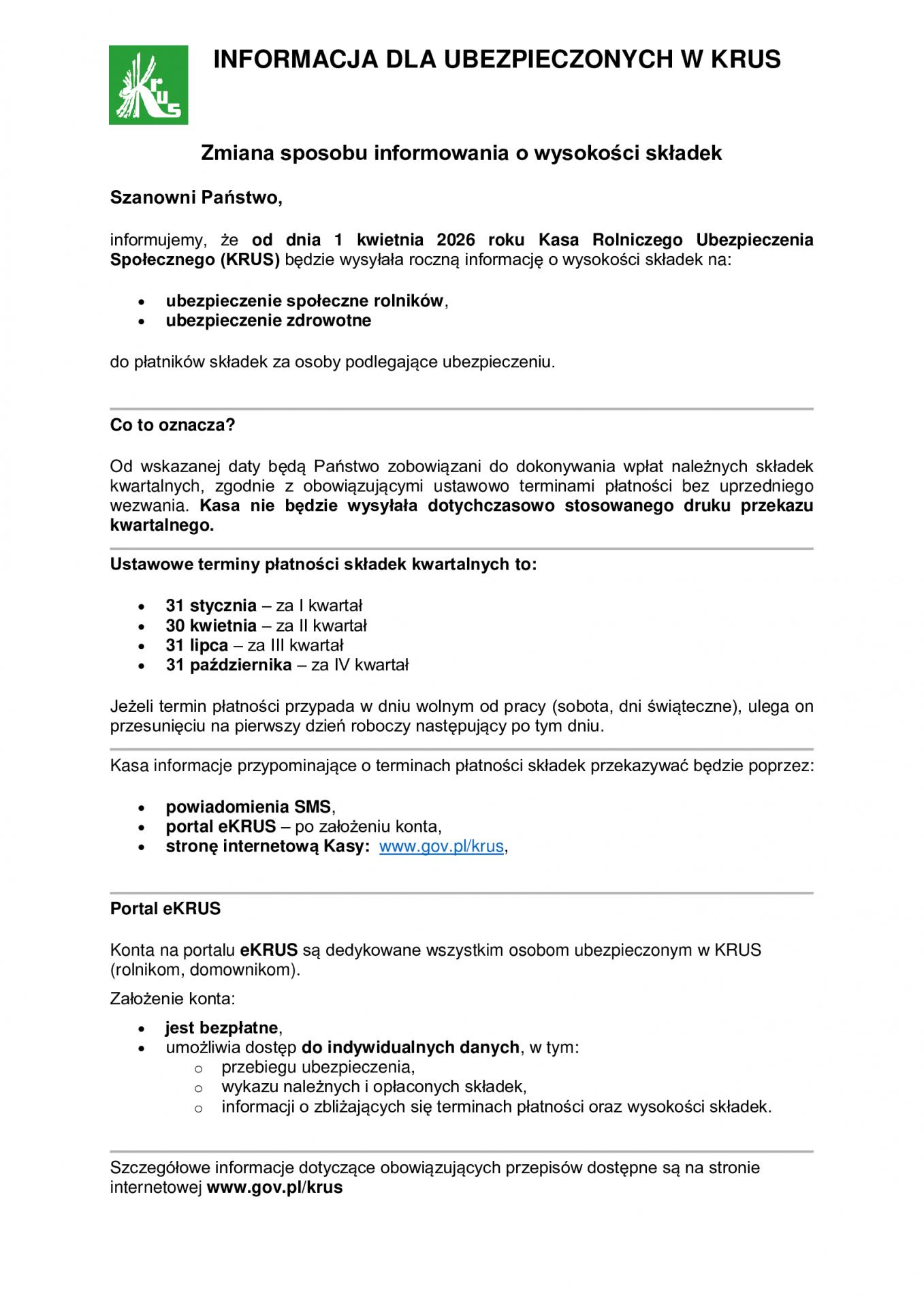 Informacja dla ubezpieczonych w KRUS