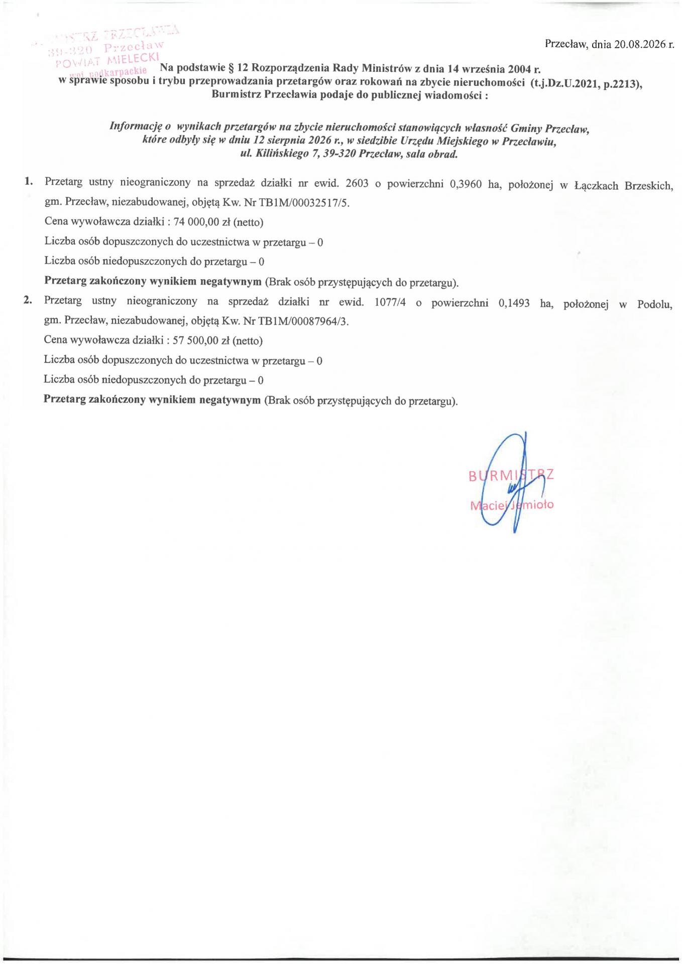 Informacja o wynikach przetargów na zbycie nieruchomości położonych w Łączkach Brzeskich i Podolu